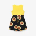 2pcs Kid Girl Ffloral Print Ribbed Splice Button Design Sleeveless Belted Rompers  image 2