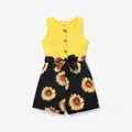 2pcs Kid Girl Ffloral Print Ribbed Splice Button Design Sleeveless Belted Rompers  image 1