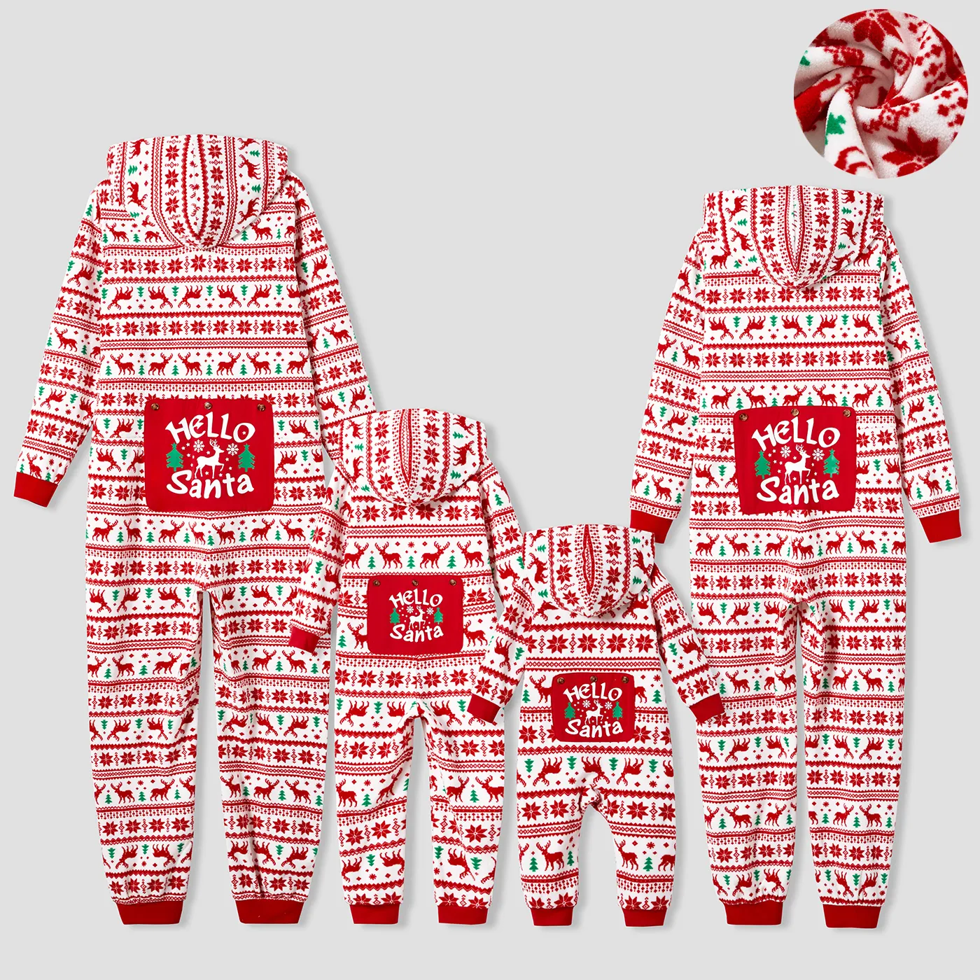Christmas Family Matching Festival Theme All-over Print Long-sleeve Fleece Hooded Onesies Pajamas (Flame resistant)  Red big image 1