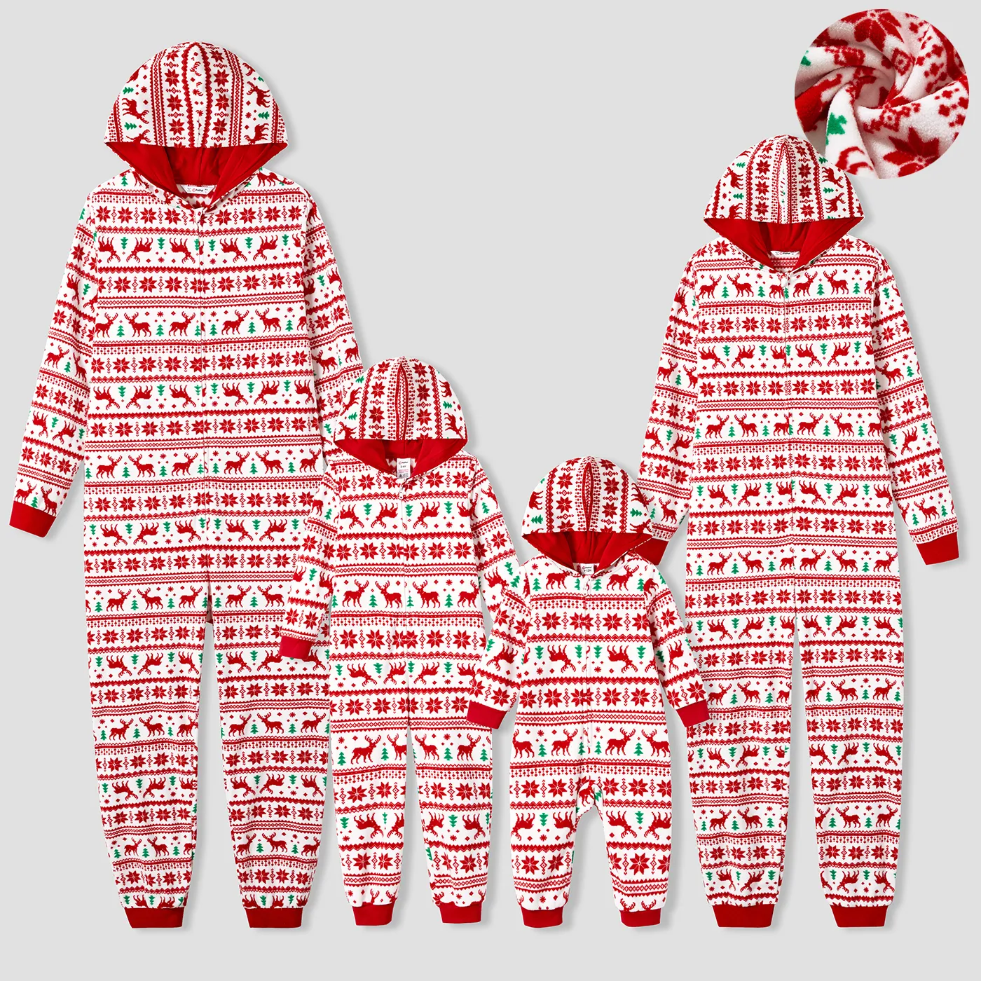 Christmas Family Matching Festival Theme All-over Print Long-sleeve Fleece Hooded Onesies Pajamas (Flame resistant)  Red image 2