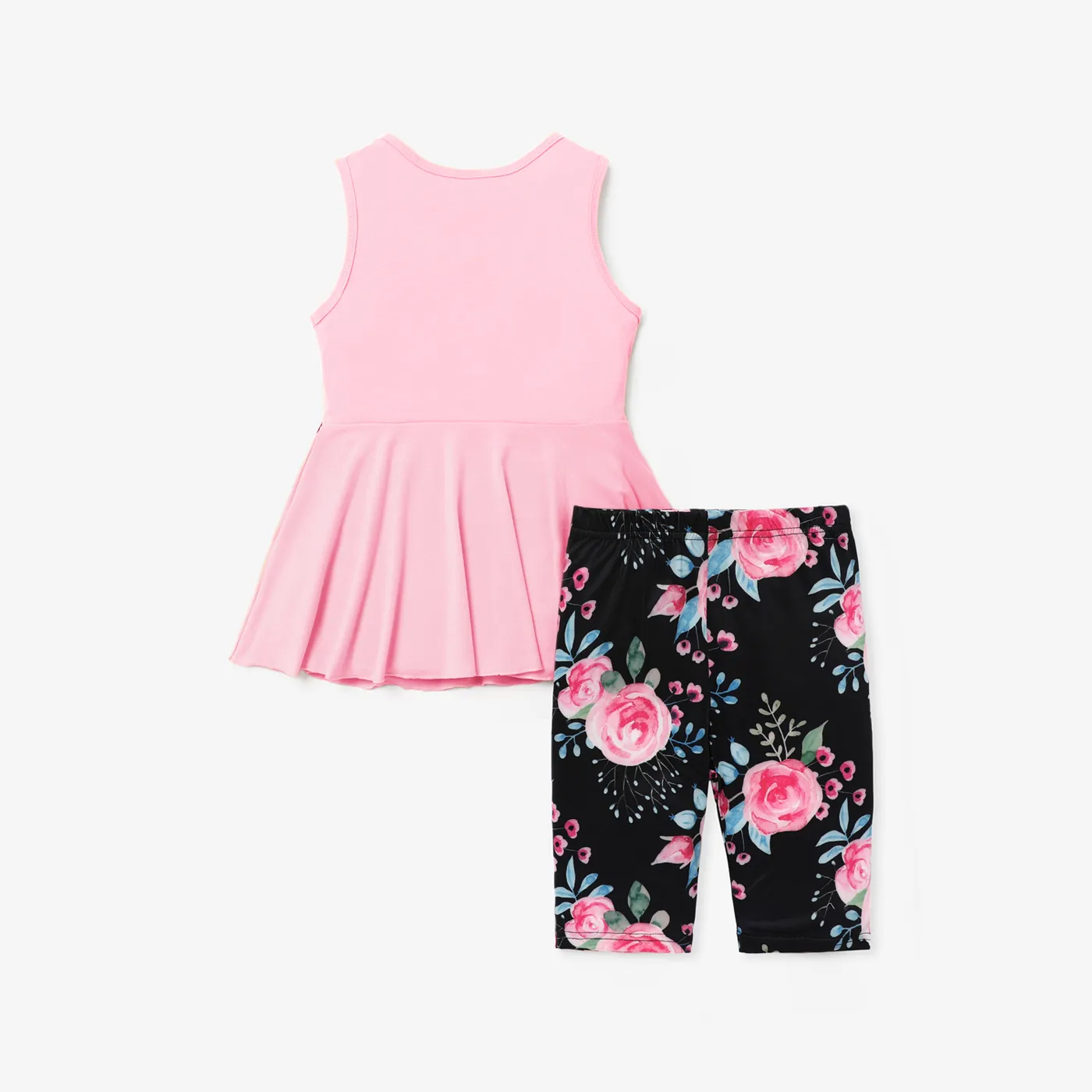 2pcs Kid Girl Bowknot Design Sleeveless Tee and Floral Print Leggings Shorts Set Pink image 3