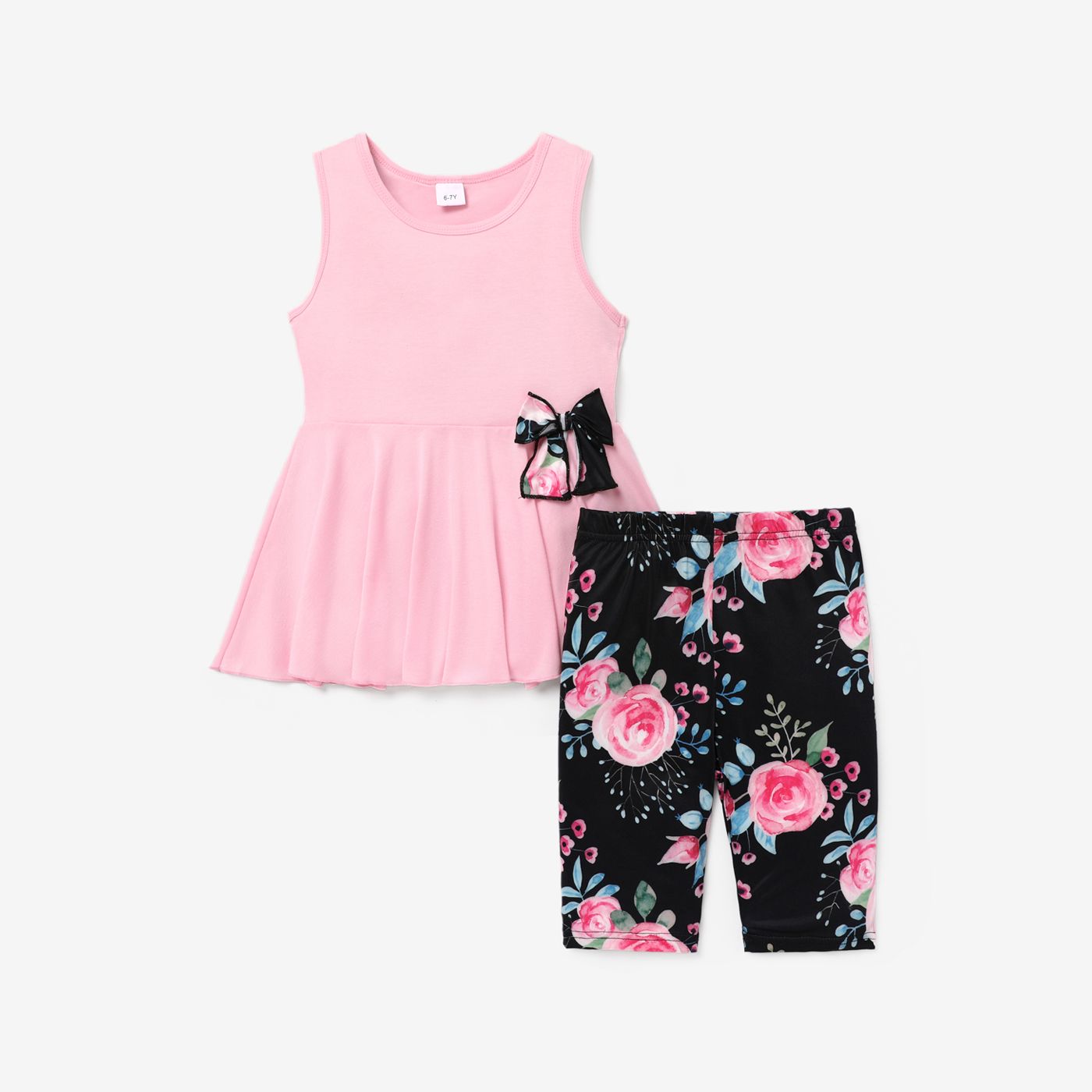 2pcs Kid Girl Bowknot Design Sleeveless Tee and Floral Print Leggings Shorts Set