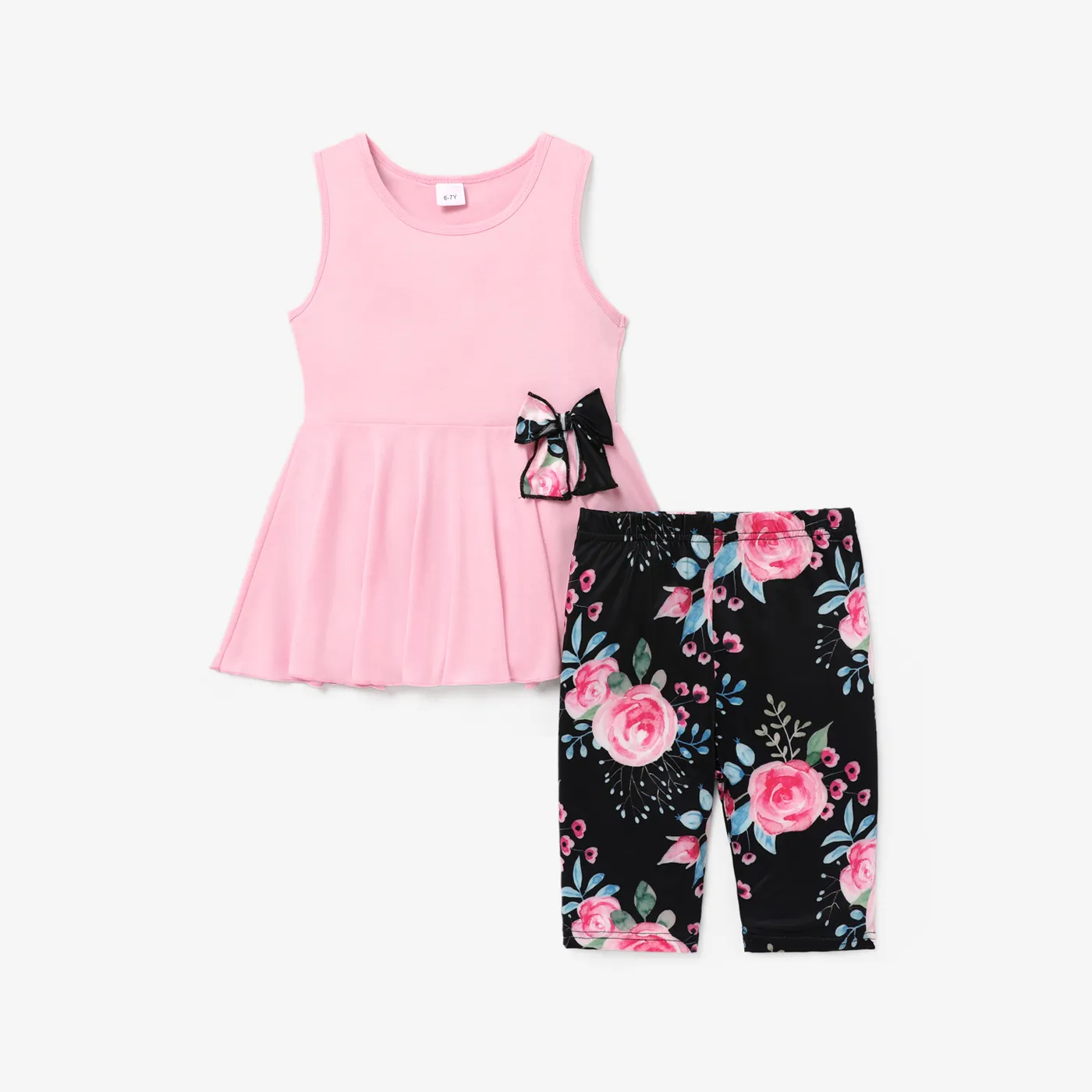 2pcs Kid Girl Bowknot Design Sleeveless Tee and Floral Print Leggings Shorts Set Pink big image 1