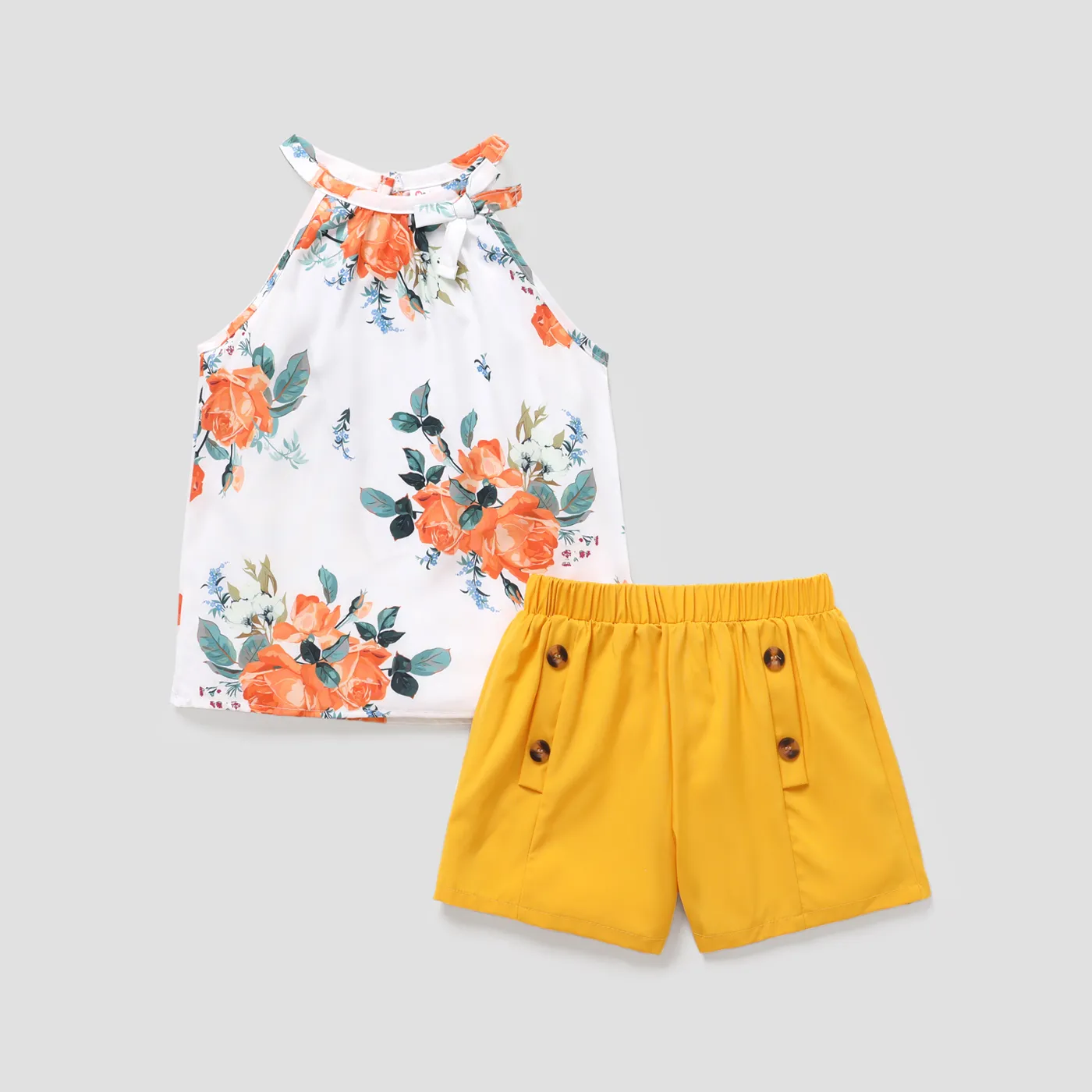 2pcs Kid Girl Floral Print Halter Tee And Button Design Elasticized Shorts Set