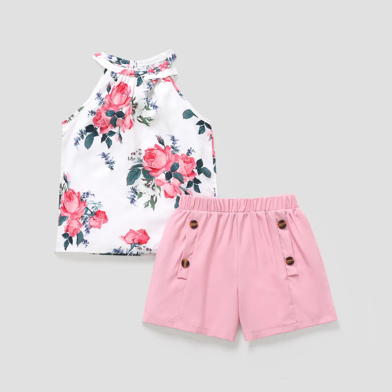 2件 大童 套裝 女 植物花卉 露背裝 短袖短褲套裝 粉色 big image 1