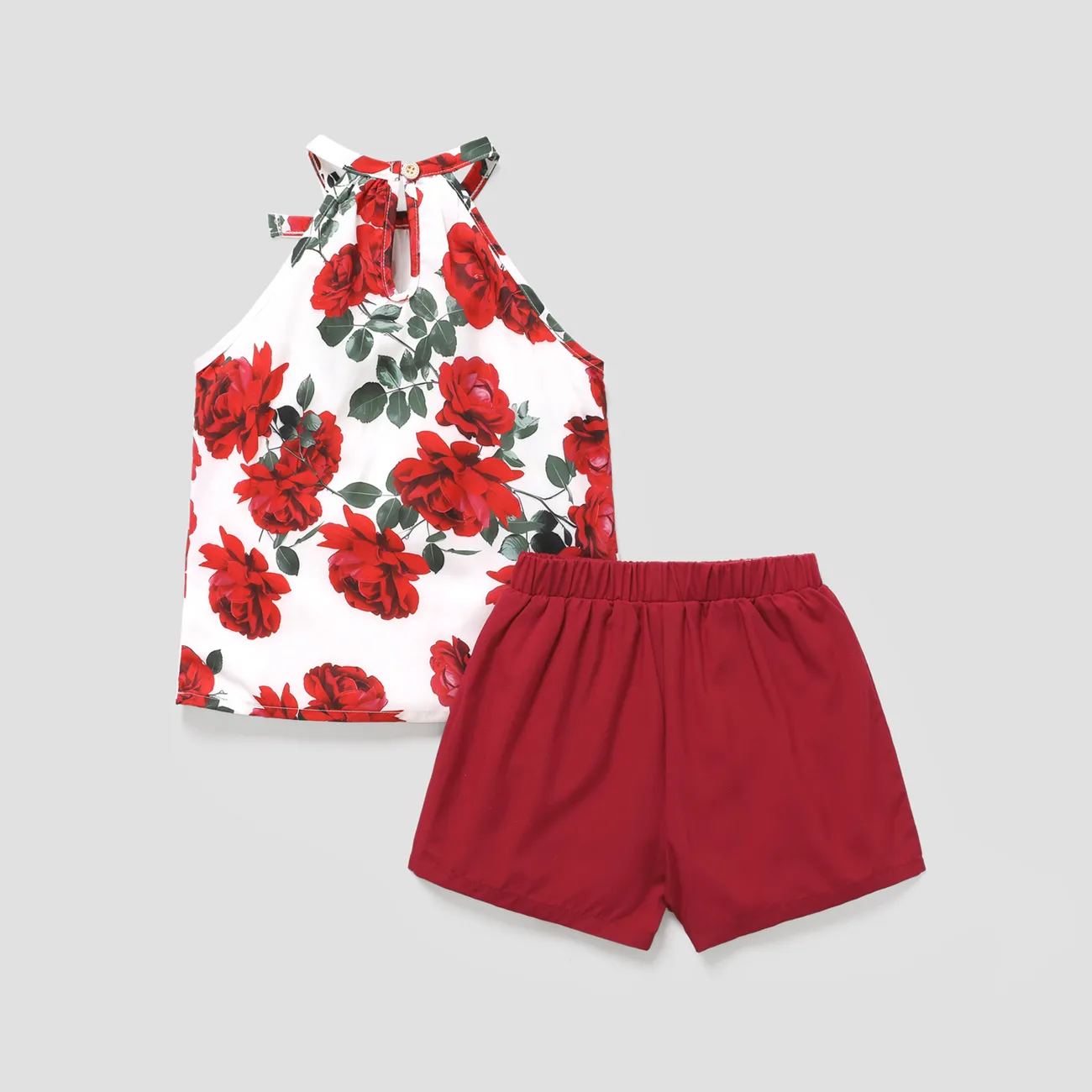 2 Stück Kinder Sets Mädchen Pflanzen und Blumen Neckholder Kurzärmeliger Shorts-Anzug rot big image 1