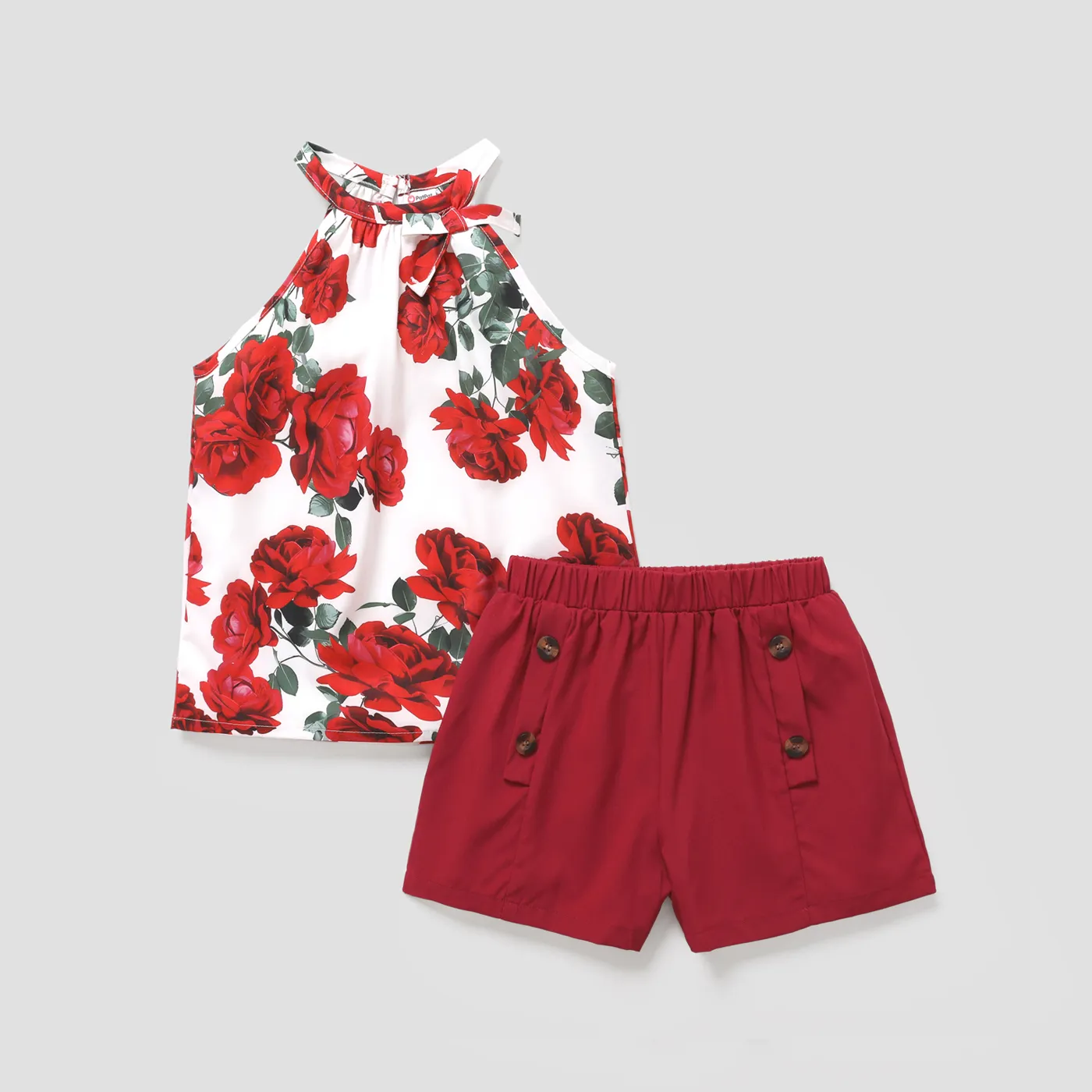 2pcs Kid Girl Floral Print Halter Tee And Button Design Elasticized Shorts Set