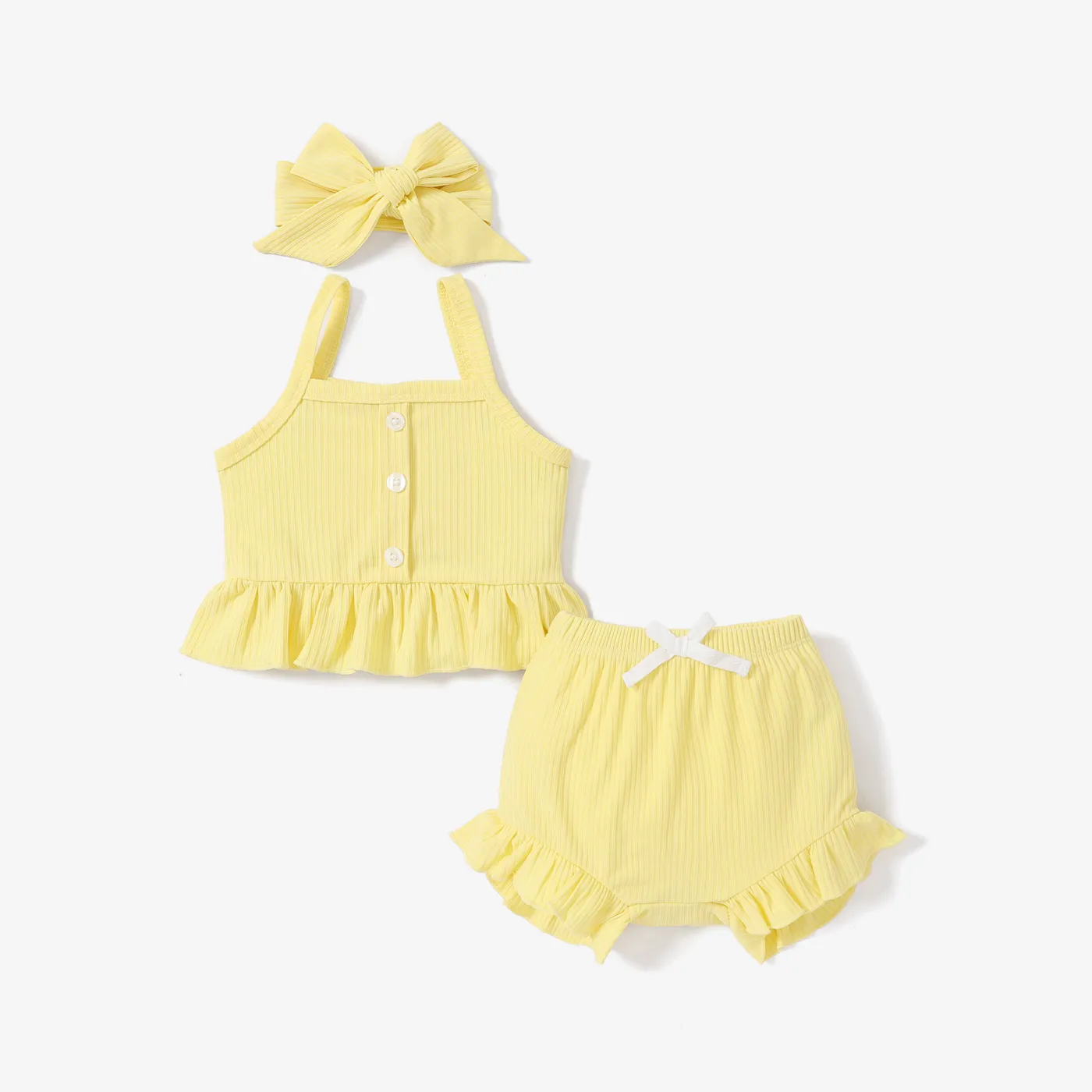 

3pcs Baby Girl Solid Ruffle Hem Rib-knit Cami Top & Shorts & Headband Set
