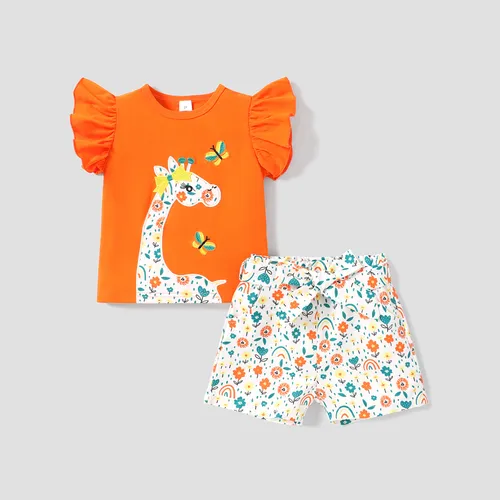 2pcs Toddler Girl Giraffe Pattern Ruffle Top and Allover Floral Print Belted Shorts Set