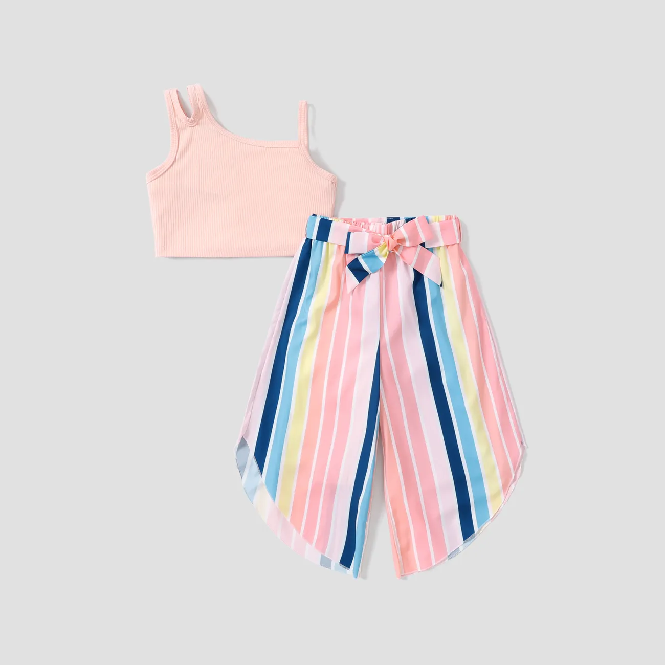 2-piece Kid Solid Top and Allover Stripe Print Pants Set Pink big image 1