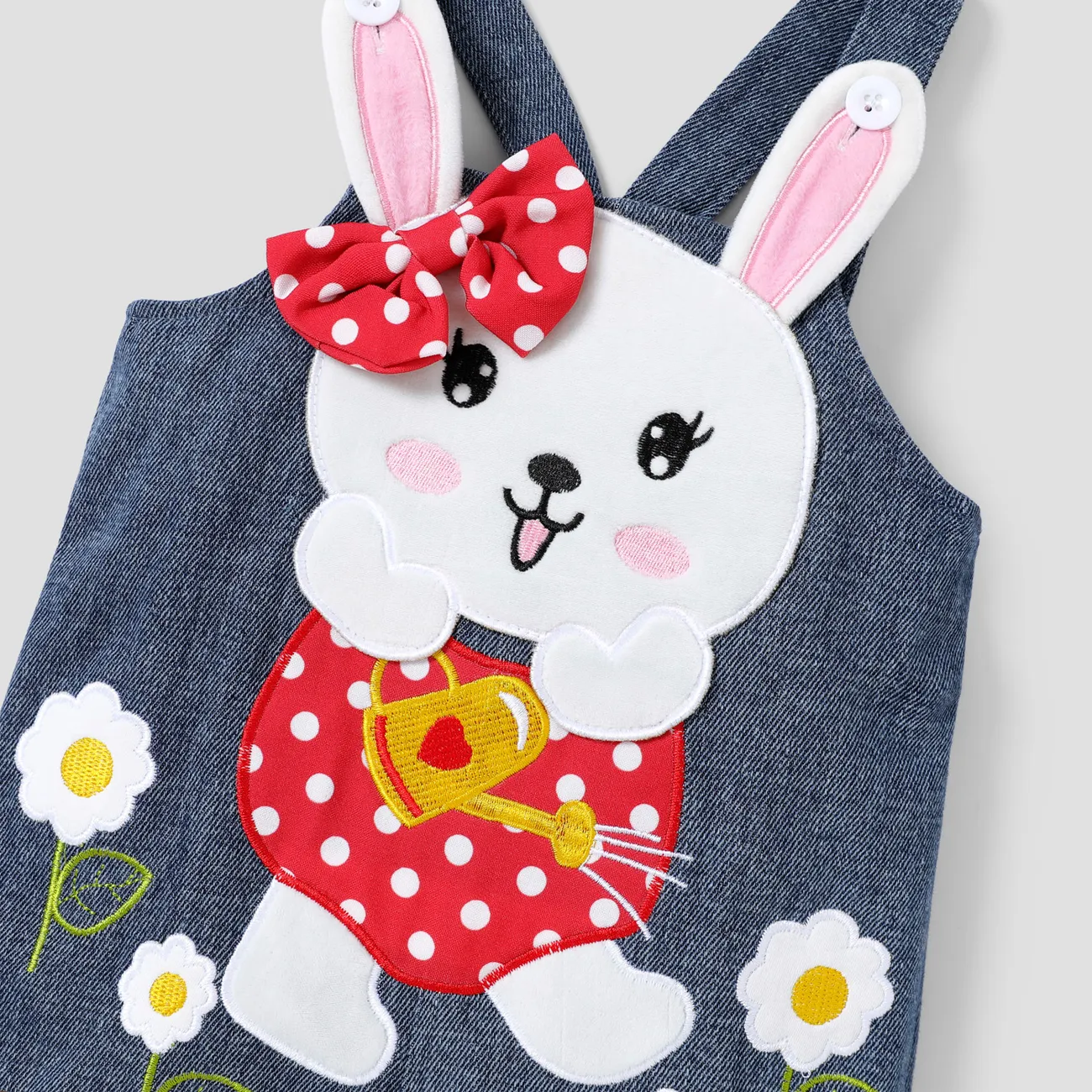 2pcs Baby Girl 100% Cotton Rabbit Graphic Denim Overalls Shorts and Solid Short-sleeve Tee Set Blue big image 1
