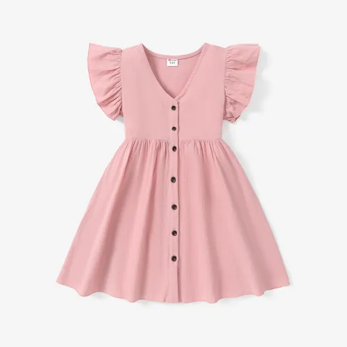 100% Cotton Kid Girl Solid Ruffle-sleeve Button Up Dress