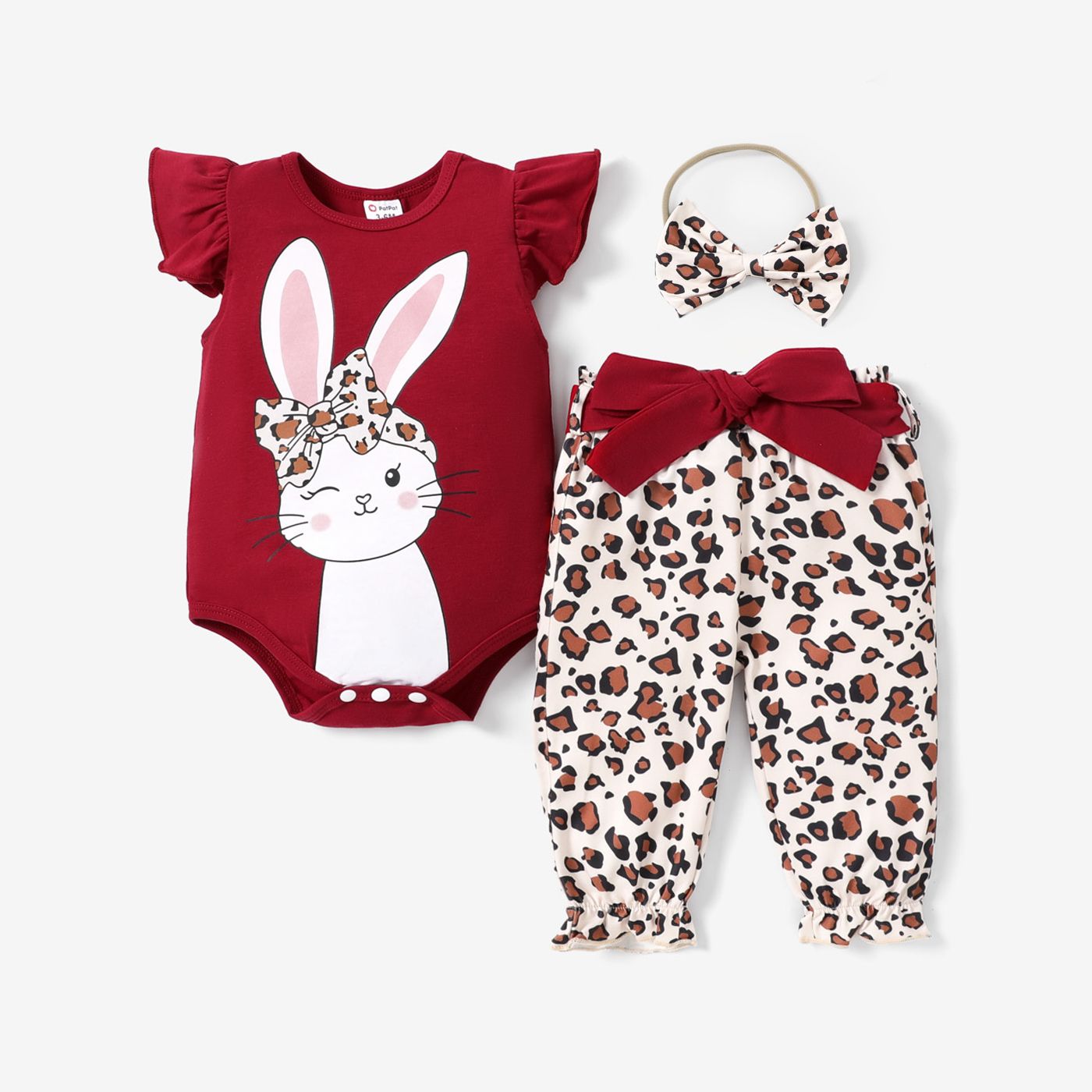 3pcs Baby Girl 95% Cotton Rabbit Graphic Flutter-sleeve Romper And Leopard Print Belted Pants & Headband Set