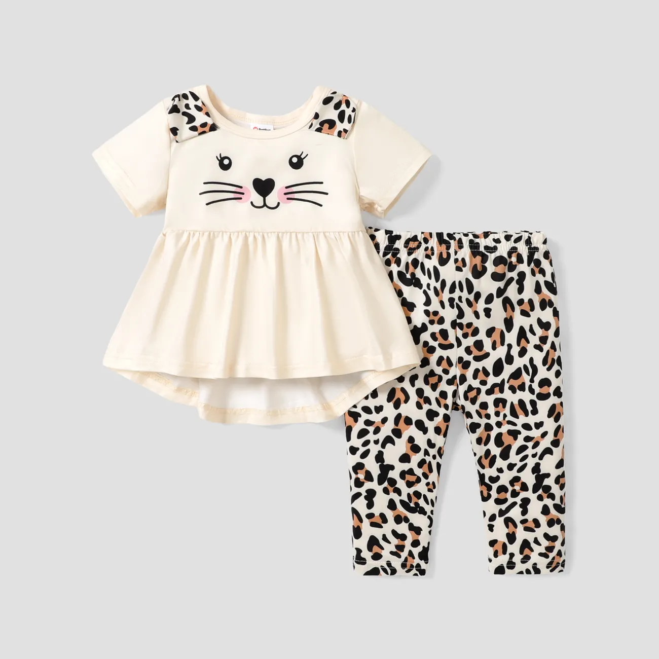 2pcs Baby Girl Cat Print Ruffle Hem Short-sleeve Top and Leopard Pants Set  big image 1