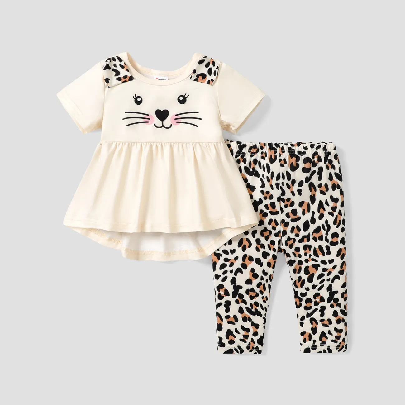 2pcs Baby Girl Cat Print Ruffle Hem Short-sleeve Top and Leopard Pants Set big image 1