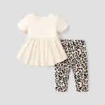 2pcs Baby Girl Cat Print Ruffle Hem Short-sleeve Top and Leopard Pants Set  image 2