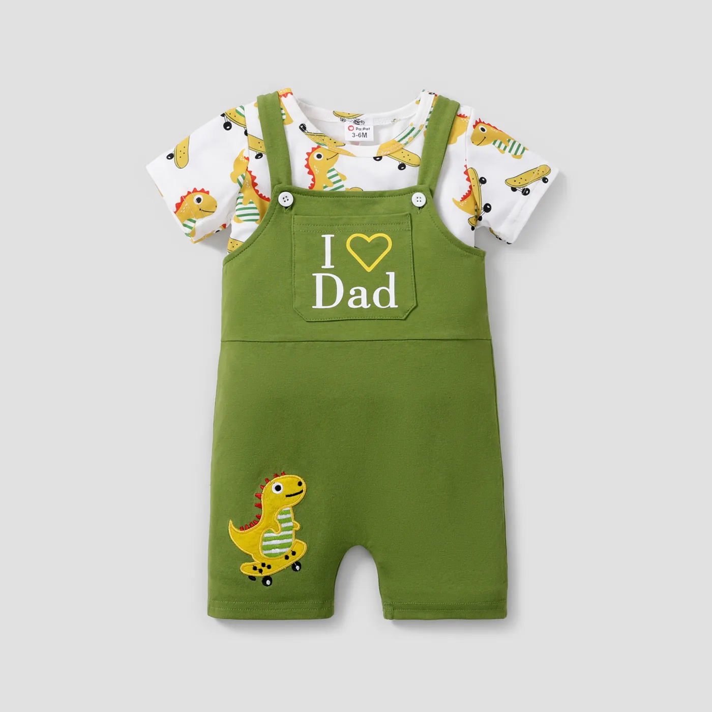 

2pcs Baby Boy Dinosaur Print Short-sleeve Tee & Patched Pocket Overalls Set