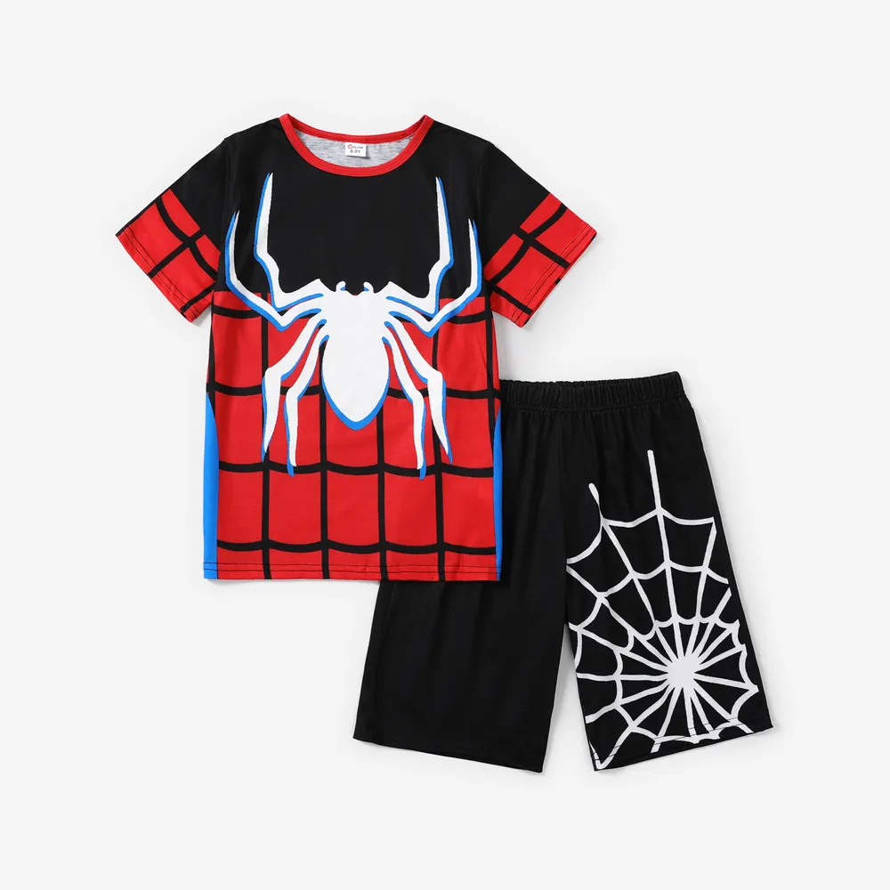 2pcs Kid Boy Spider Print Colorblock Short-sleeve Tee and Elasticized Shorts Set  big image 1
