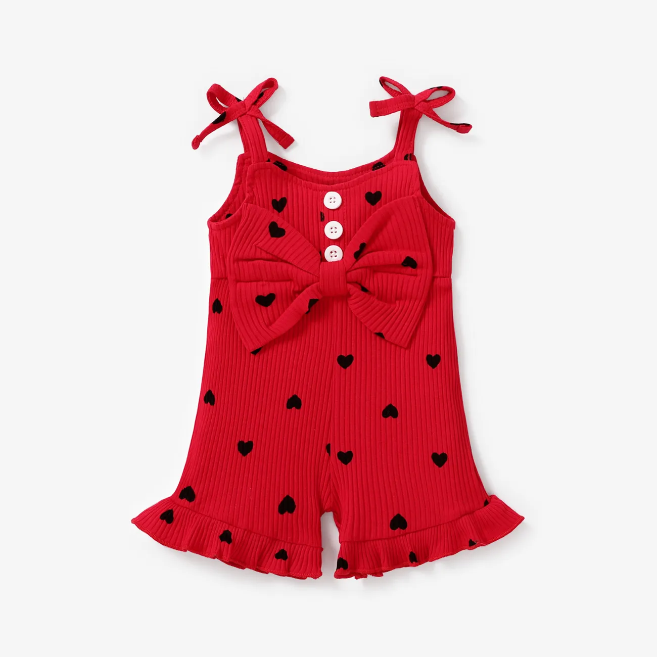 Baby Girl Cotton Ribbed Allover Heart Print Bow Front Ruffle Trim Cami Romper Red big image 1