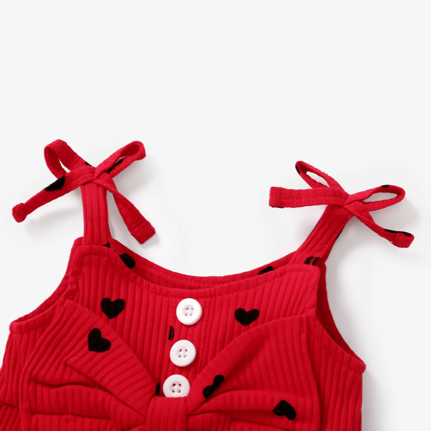 Baby Girl Cotton Ribbed Allover Heart Print Bow Front Ruffle Trim Cami Romper  image 3