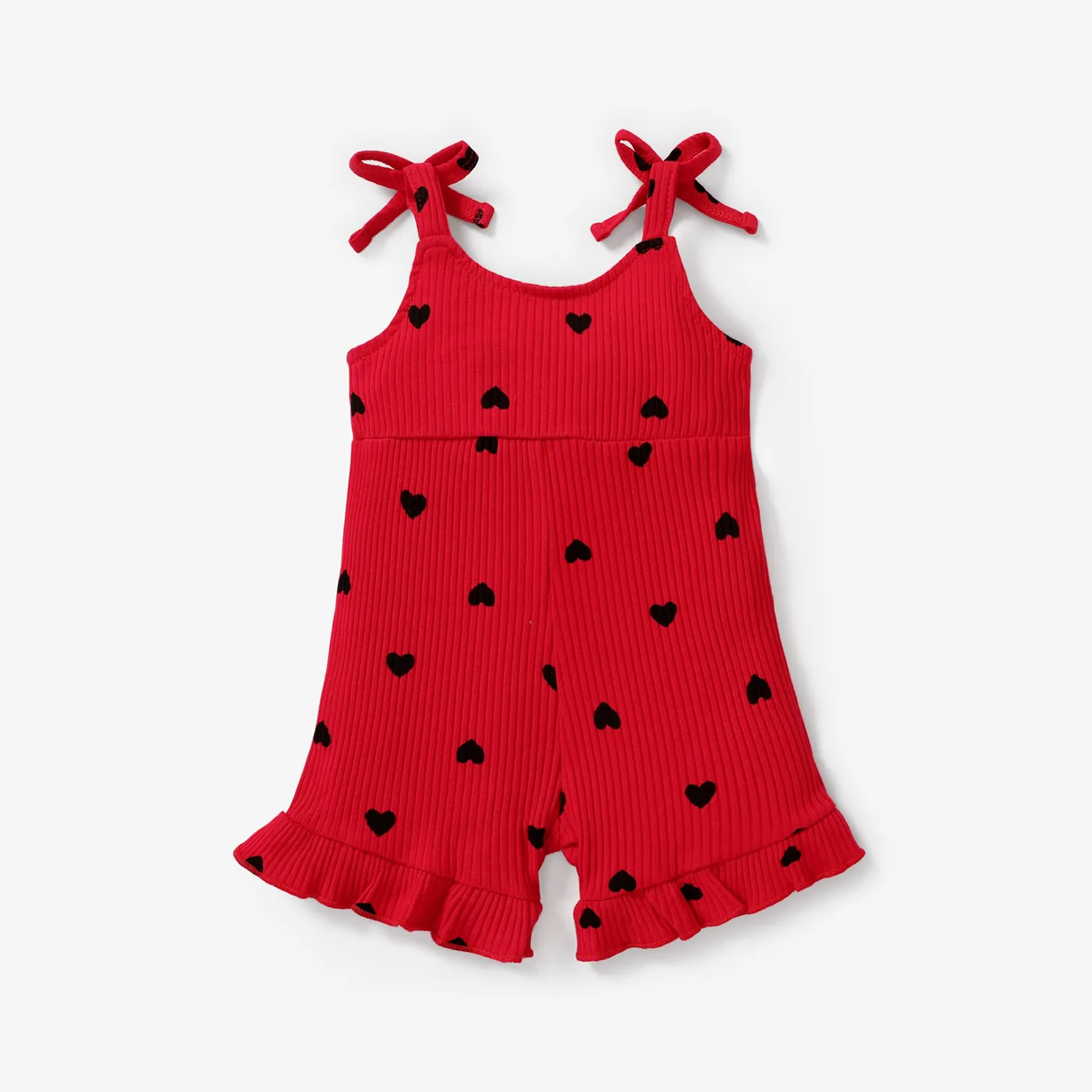 Baby Girl Cotton Ribbed Allover Heart Print Bow Front Ruffle Trim Cami Romper  image 2