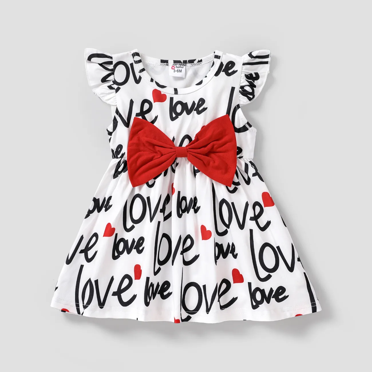 Baby Girl Allover Heart & Letter Print Flutter-sleeve Bow Front Dress Multicolour-1 big image 1