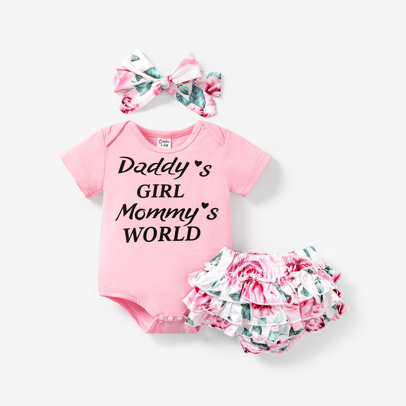 3pcs Baby Girl 95% Cotton Short-sleeve Letter Print Romper And Floral Print Layered Ruffle Trim Shorts & Headband Set