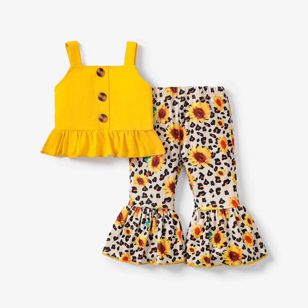 2pcs Baby Girl Solid Ruffle Hem Tank Top and Sunflower & Leopard Print Flared Pants Set Yellow big image 1