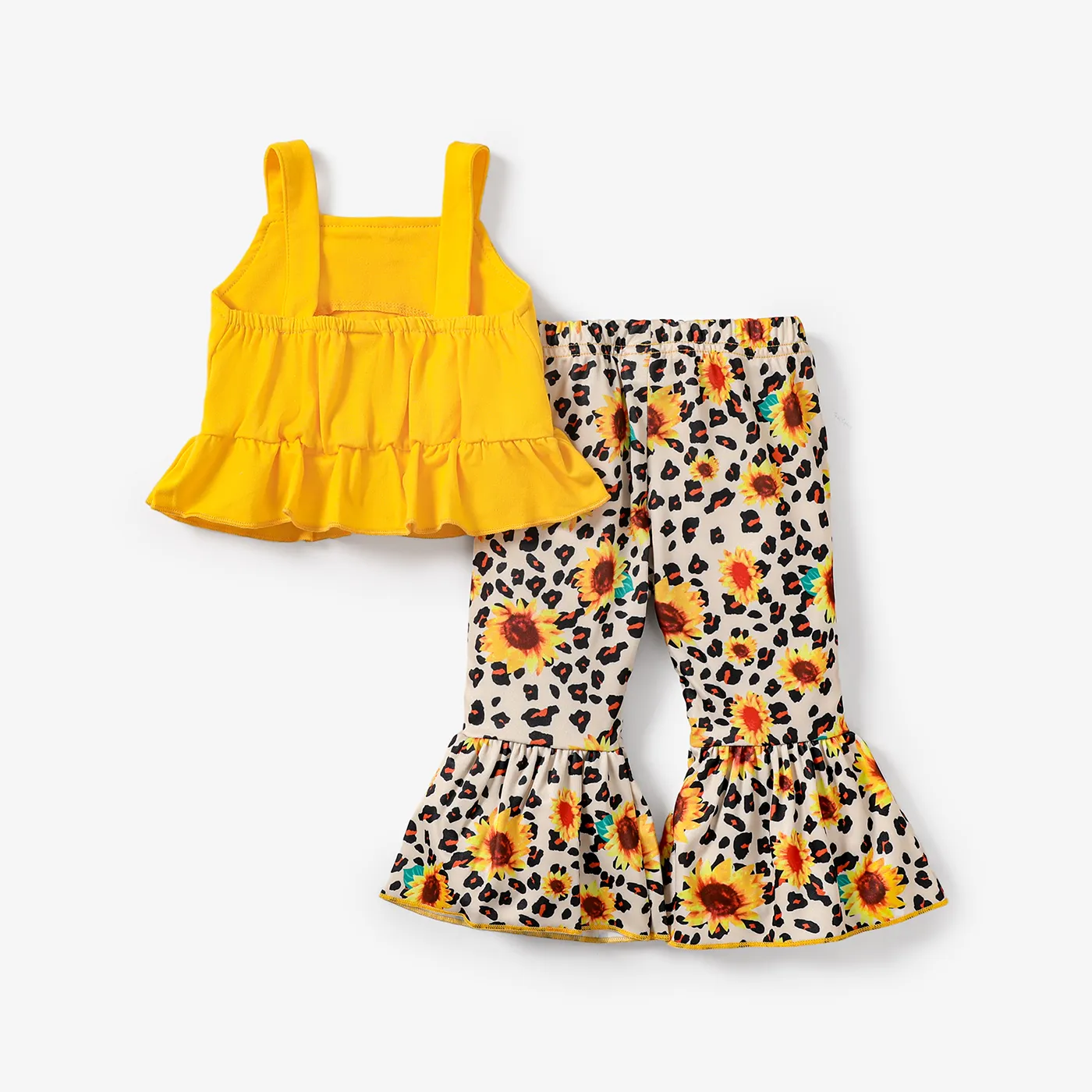 2pcs Baby Girl Solid Ruffle Hem Tank Top and Sunflower & Leopard Print Flared Pants Set Yellow image 2