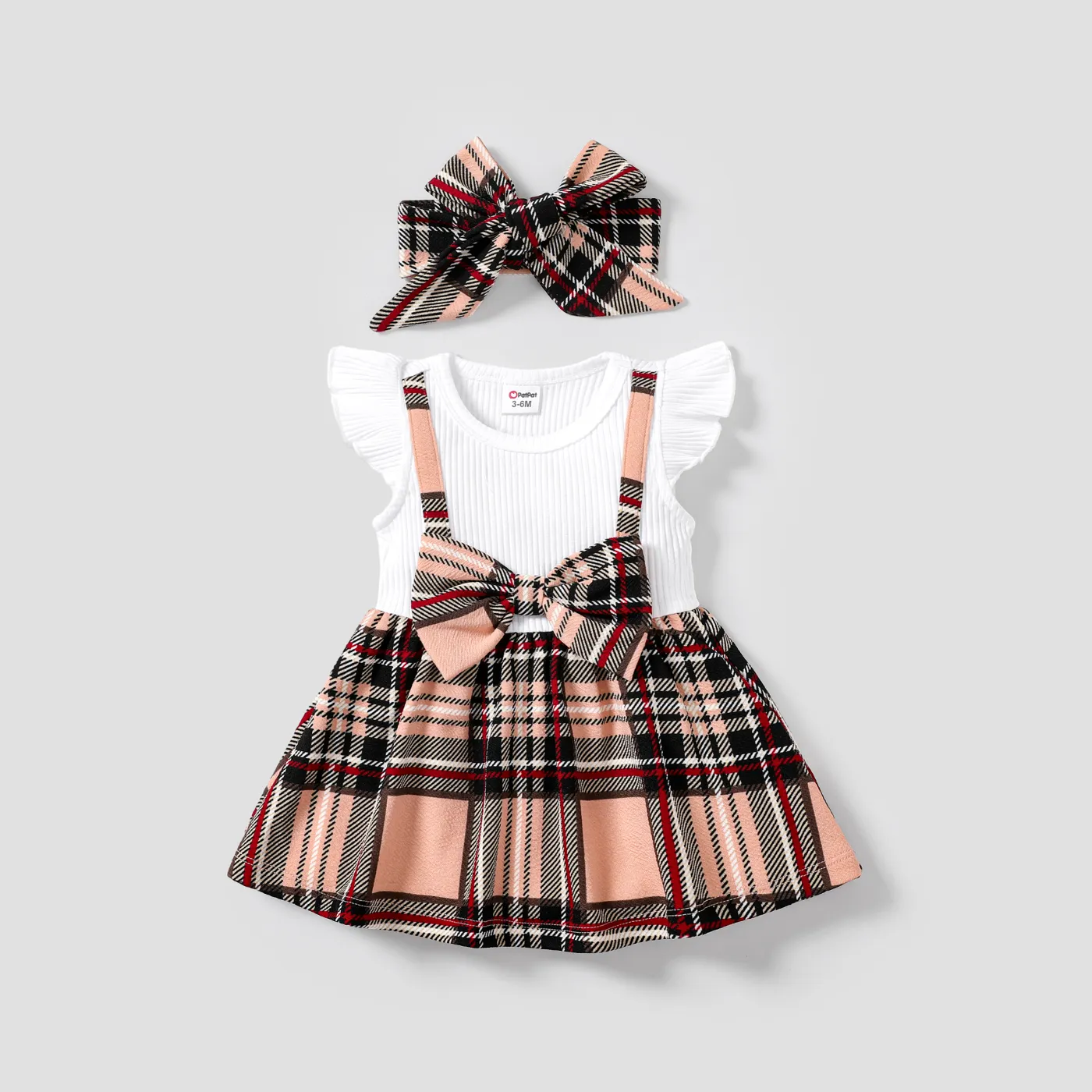 2pcs Baby Solid Cotton Ribbed Ruffle Long-sleeve Spliced Plaid Bow Front Dress & Headband Set