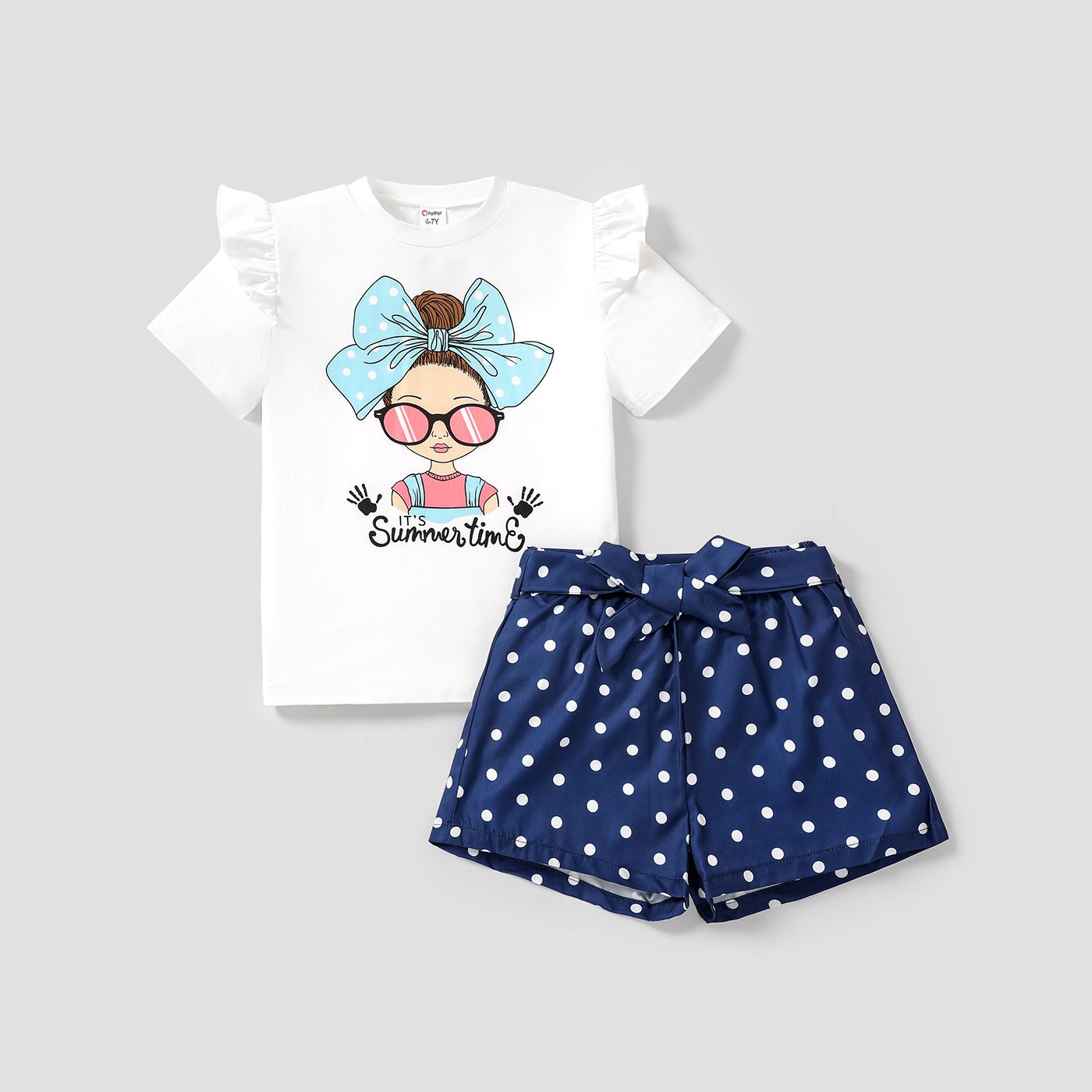 2pcs Kid Girl Figure Print Ruffled Short-sleeve Tee And Polka Dots Denim Shorts Set