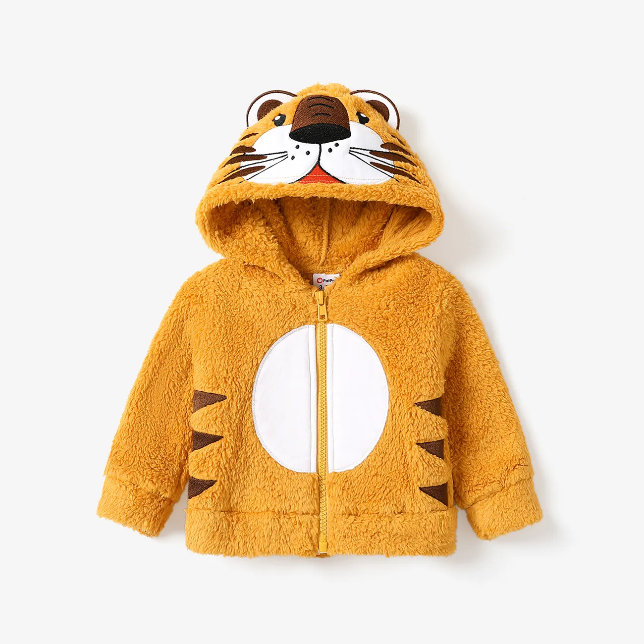 Baby Boy 3D Tiger Pattern Plush Hooded Jacket Ginger big image 1