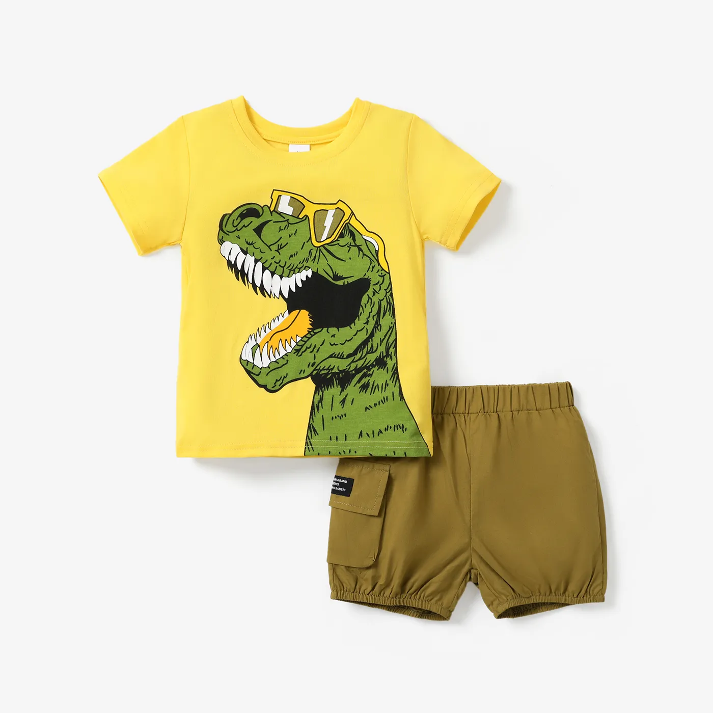 2 unidades Criança Menino Bolso cosido Infantil Dinossauro conjuntos de camisetas Amarelo