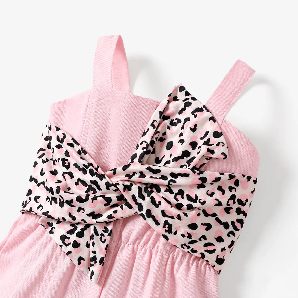 Denim Leopard Print Bow Decor Sleeveless Baby Overalls Pink big image 1