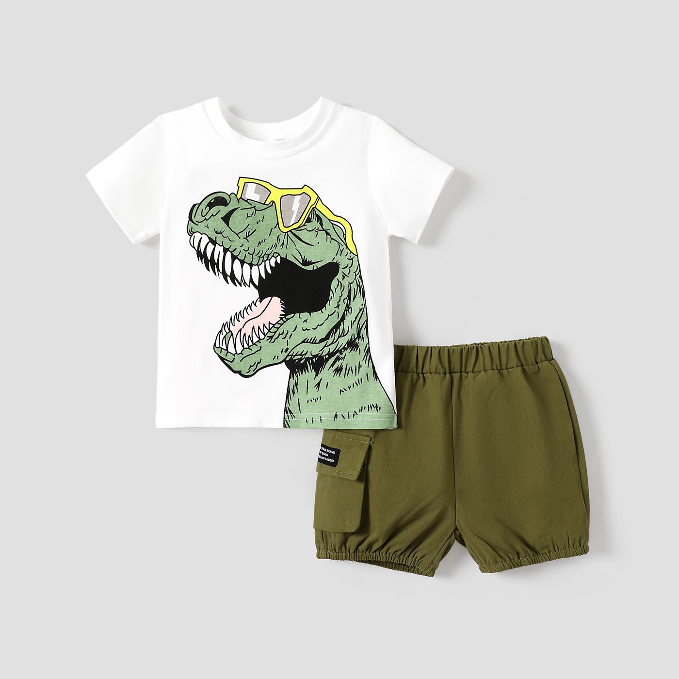 2pcs Toddler Boy Playful Dinosaur Print Tee & Cargo Shorts Set