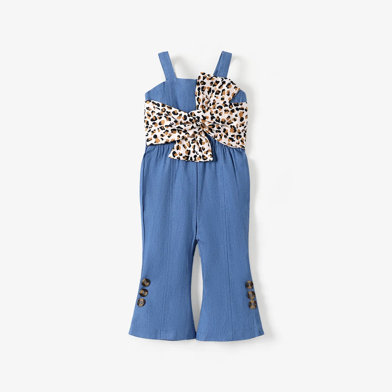 Denim Leopard Print Bow Decor Sleeveless Baby Overalls Blue big image 1