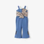 Denim Leopard Print Bow Decor Sleeveless Baby Overalls Blue