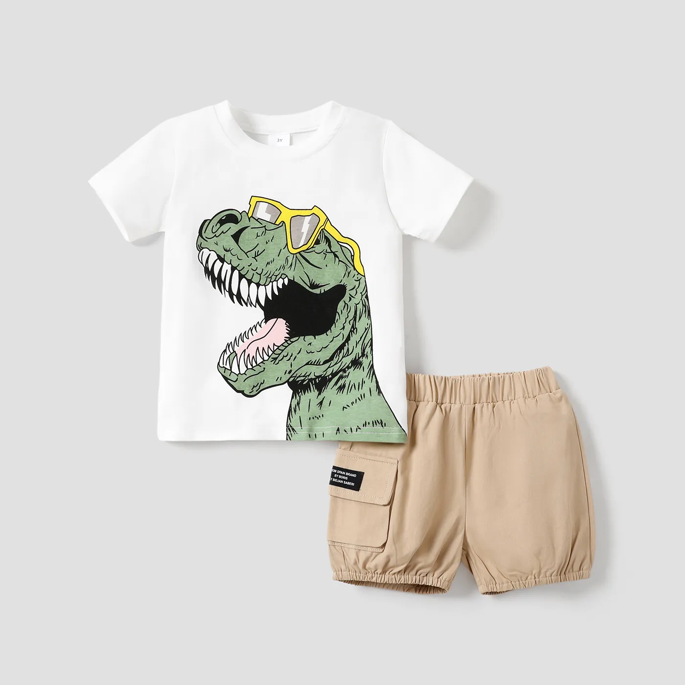 2 unidades Criança Menino Bolso cosido Infantil Dinossauro conjuntos de camisetas Cor de Caqui