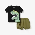 2pcs Toddler Boy Playful Dinosaur Print Tee & Cargo Shorts Set Black