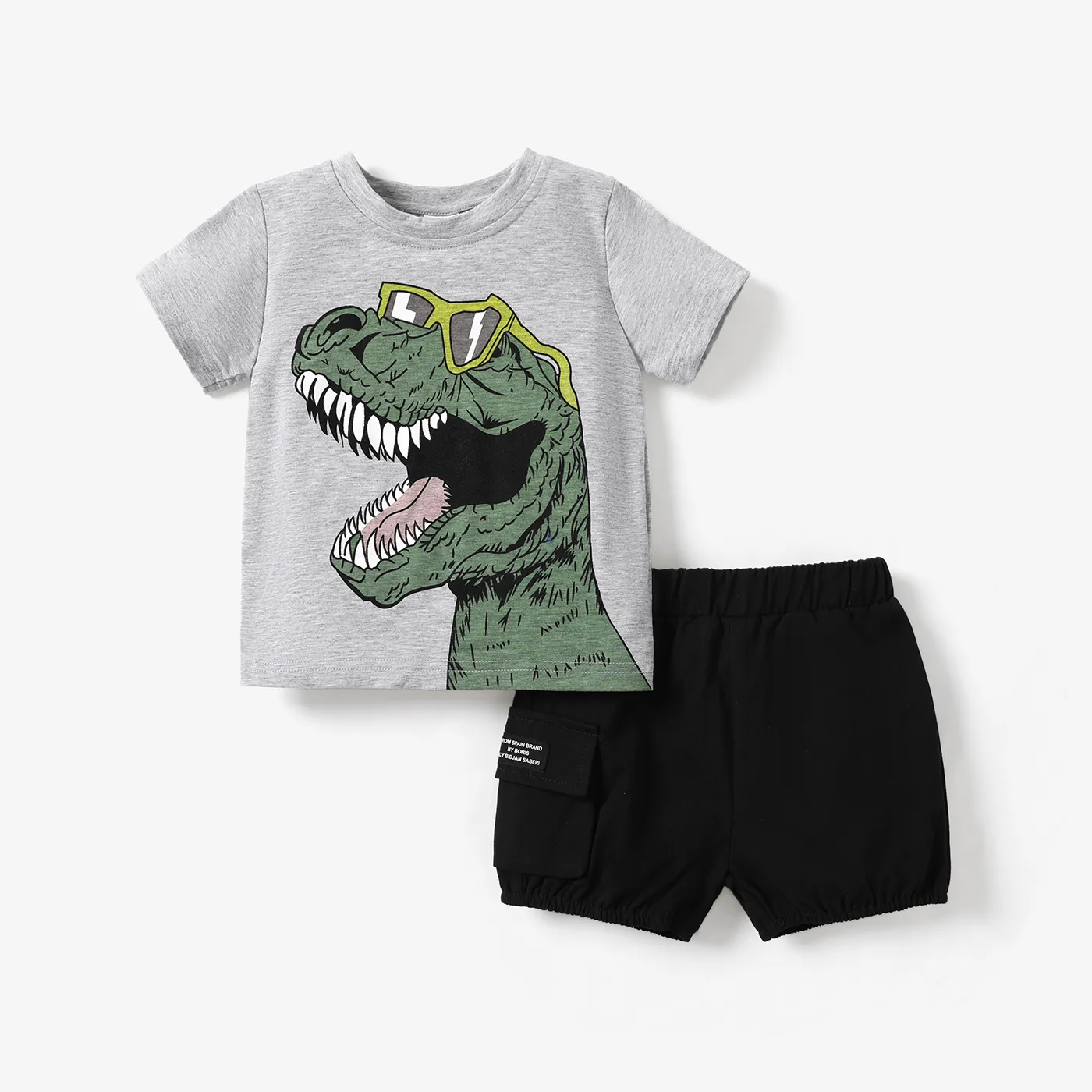 2 unidades Criança Menino Bolso cosido Infantil Dinossauro conjuntos de camisetas Cinzento Claro