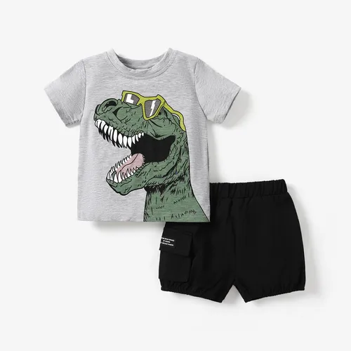 2pcs Toddler Boy Playful Dinosaur Print Tee & Cargo Shorts Set
