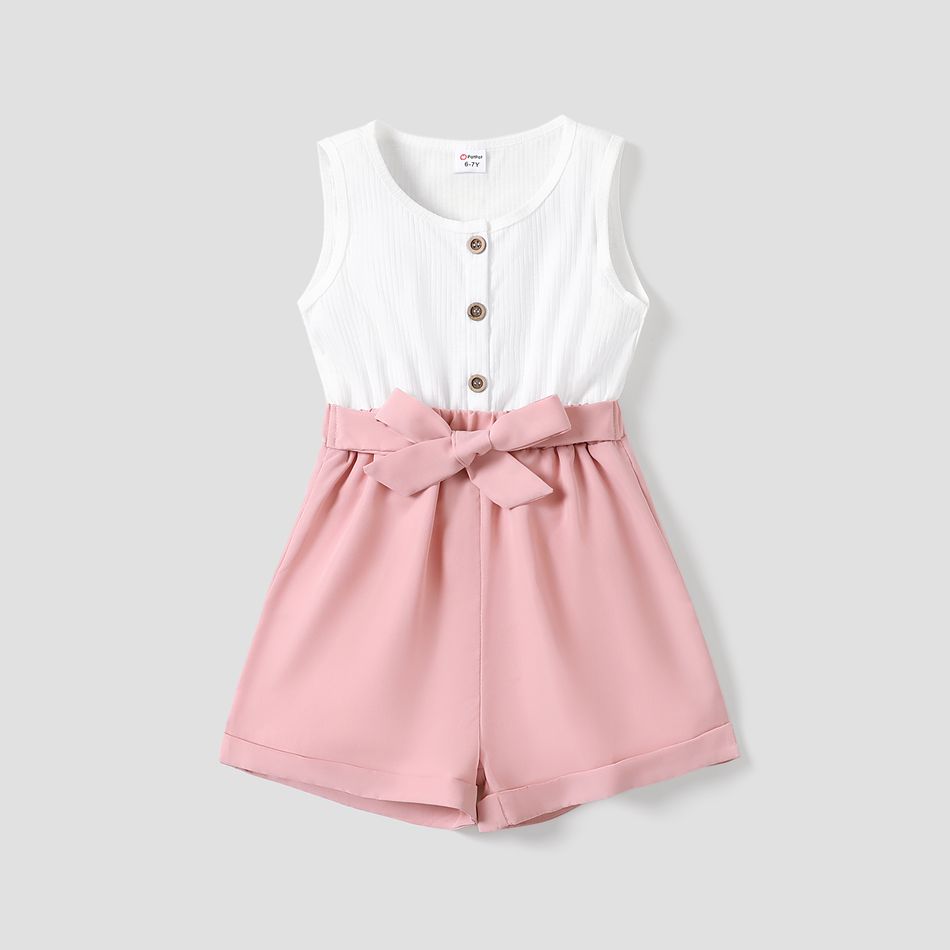 Kid Girl Button Design Sleeveless Belted Splice Rompers Jumpsuits ...