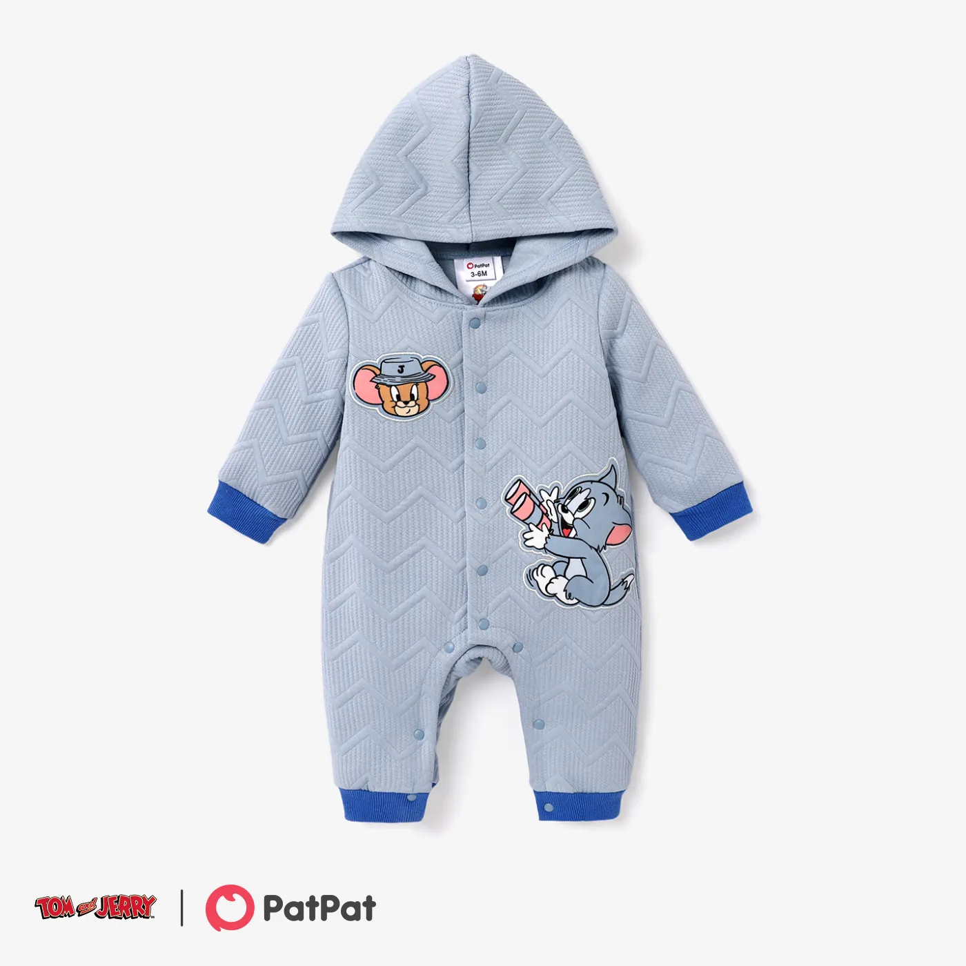 Tom and Jerry Baby Boy Jacquard Textured Embroidered Hooded Jumpsuit  Blue grey