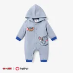 Tom and Jerry Baby Boy Jacquard Textured Embroidered Hooded Jumpsuit  Blue grey