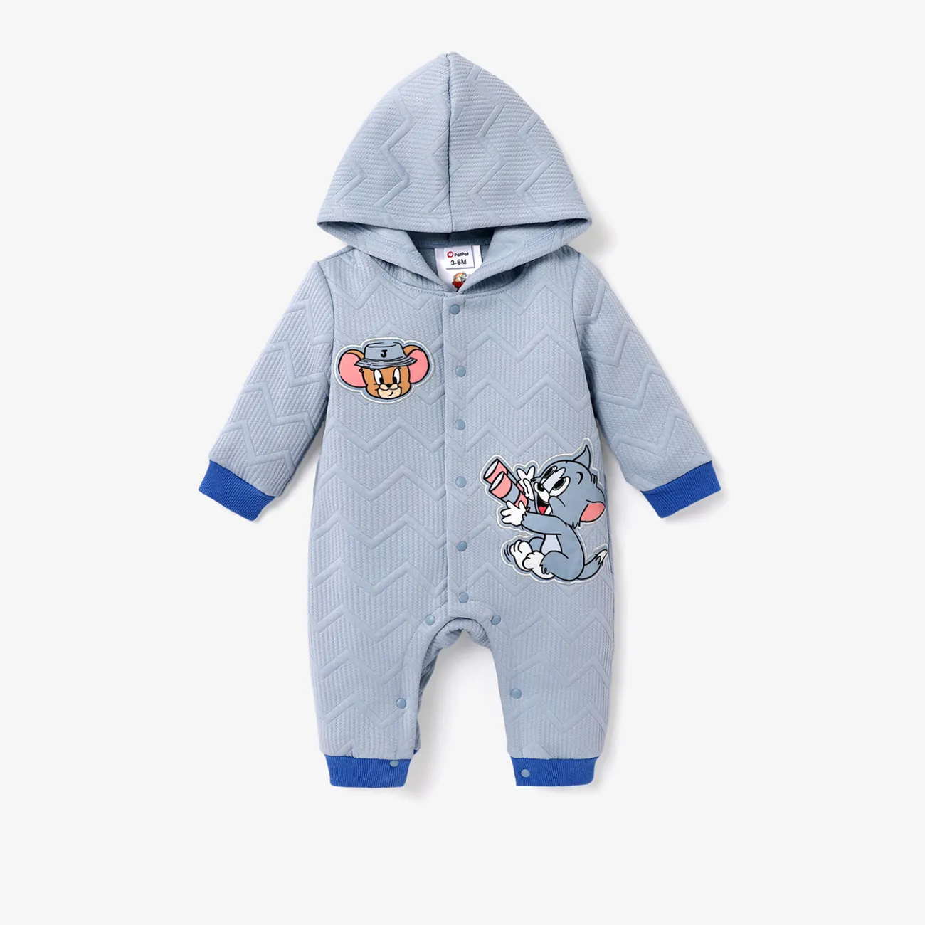 Tom and Jerry Baby Boy Jacquard Textured Embroidered Hooded Jumpsuit  Blue grey big image 1