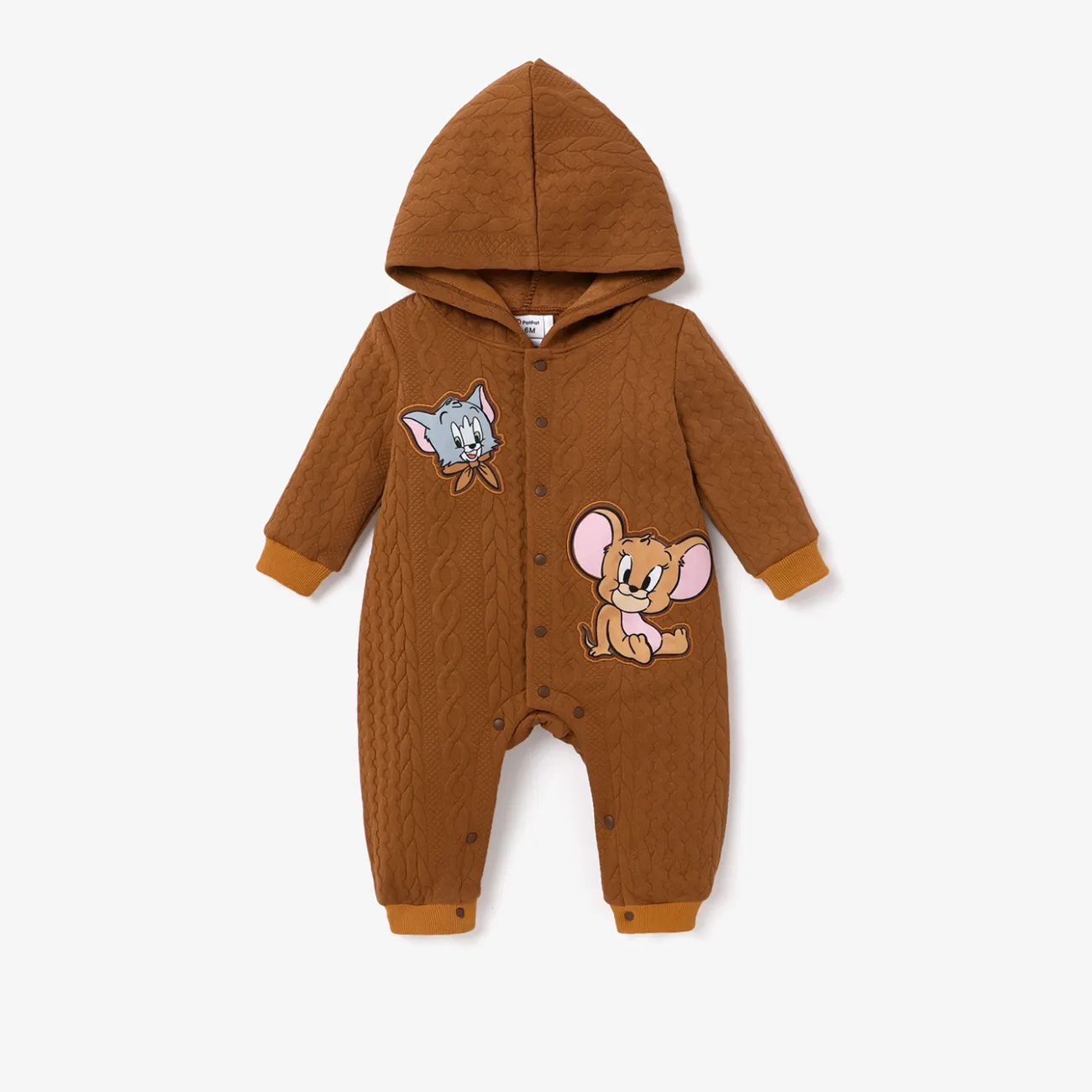Tom and Jerry Baby Boy Jacquard Textured Embroidered Hooded Jumpsuit  Brown big image 1
