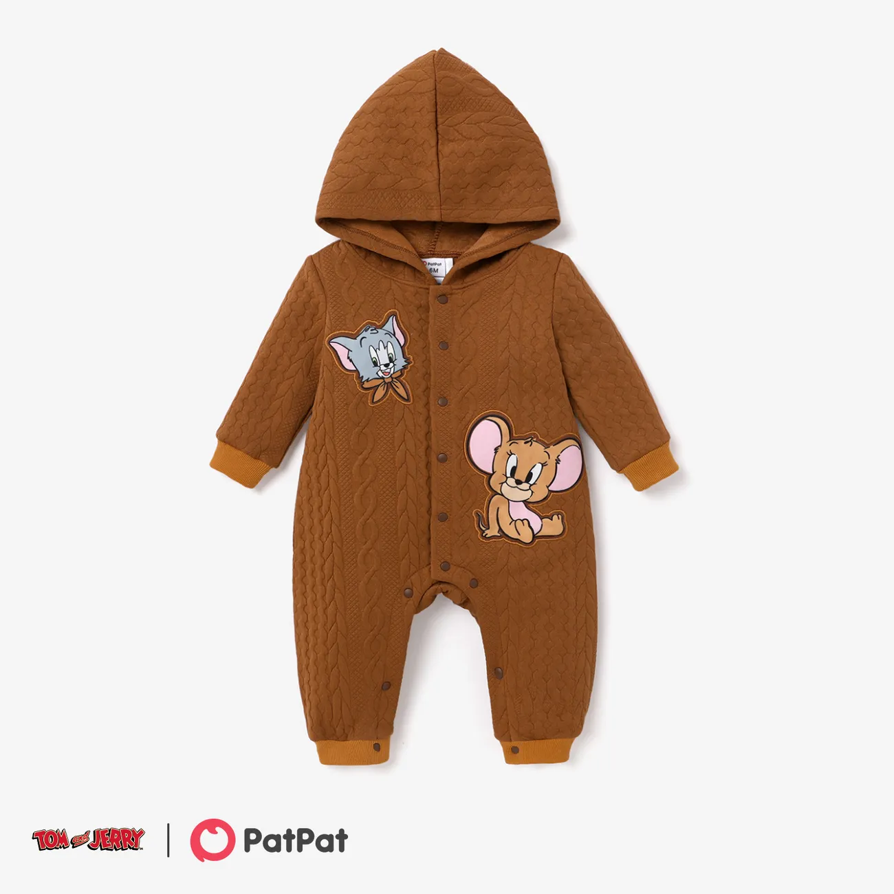 Tom and Jerry Baby Boy Jacquard Textured Embroidered Hooded Jumpsuit big image 1