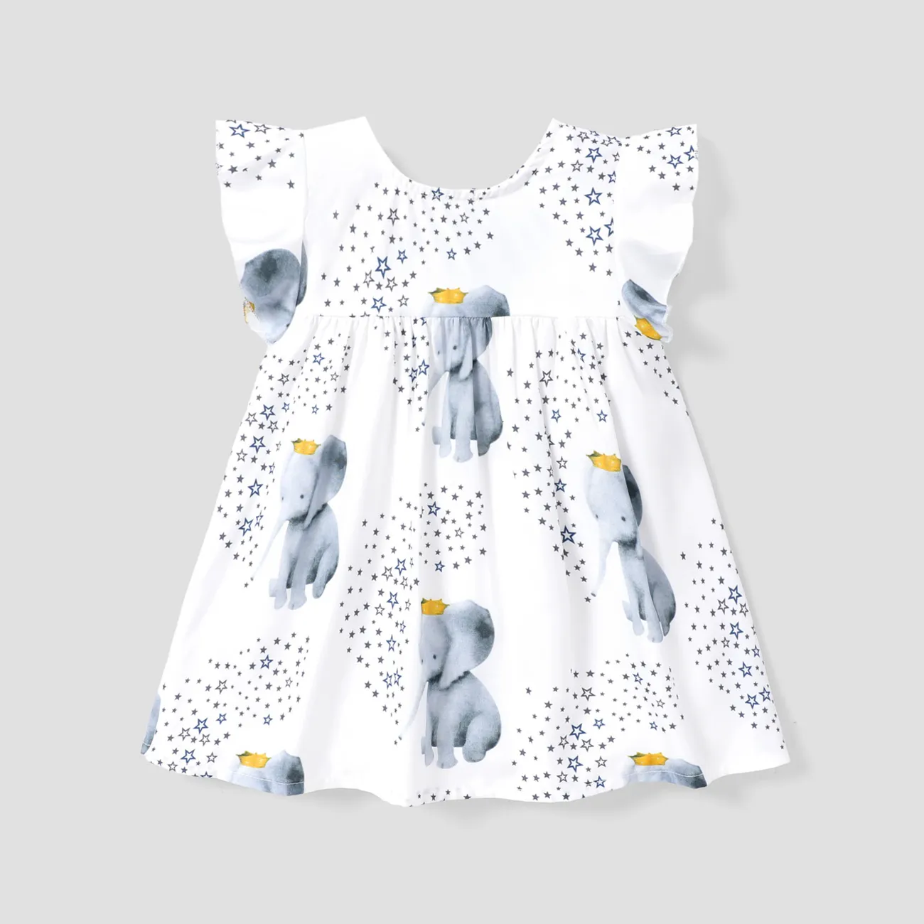 Crown Elephant Star Print Flounce-sleeve Baby Dress White big image 1