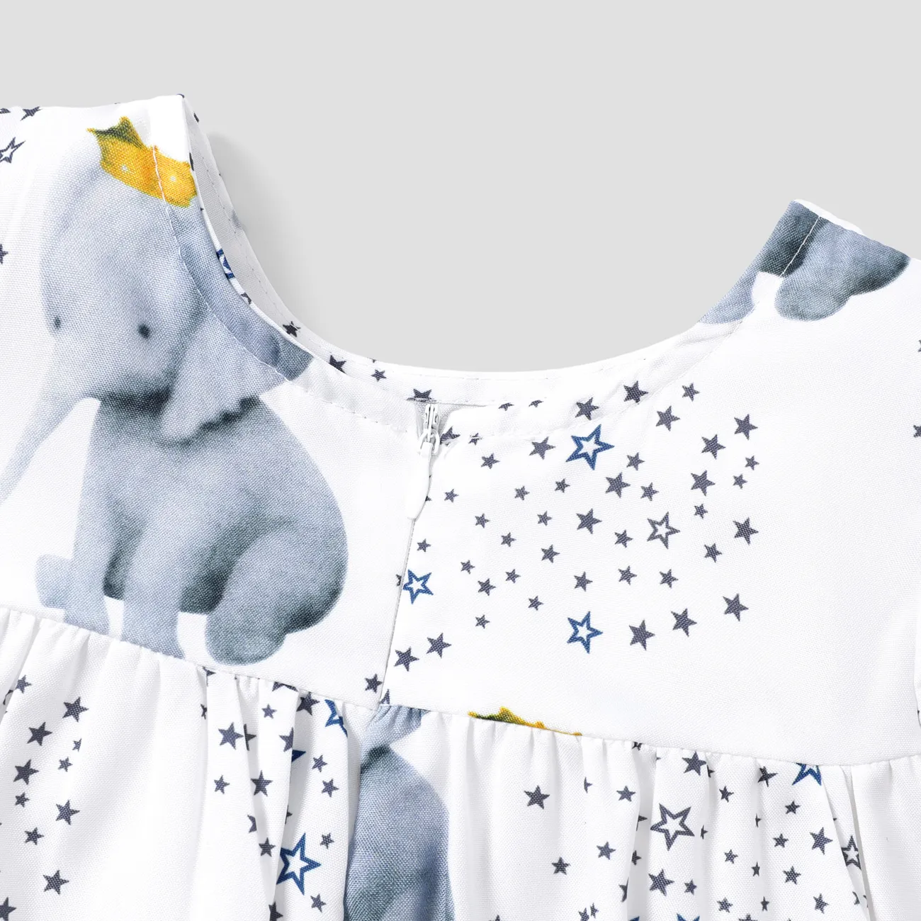 فستان أطفال بأكمام مكشكشة بطبعة نجمة على شكل فيل أبيض big image 1
