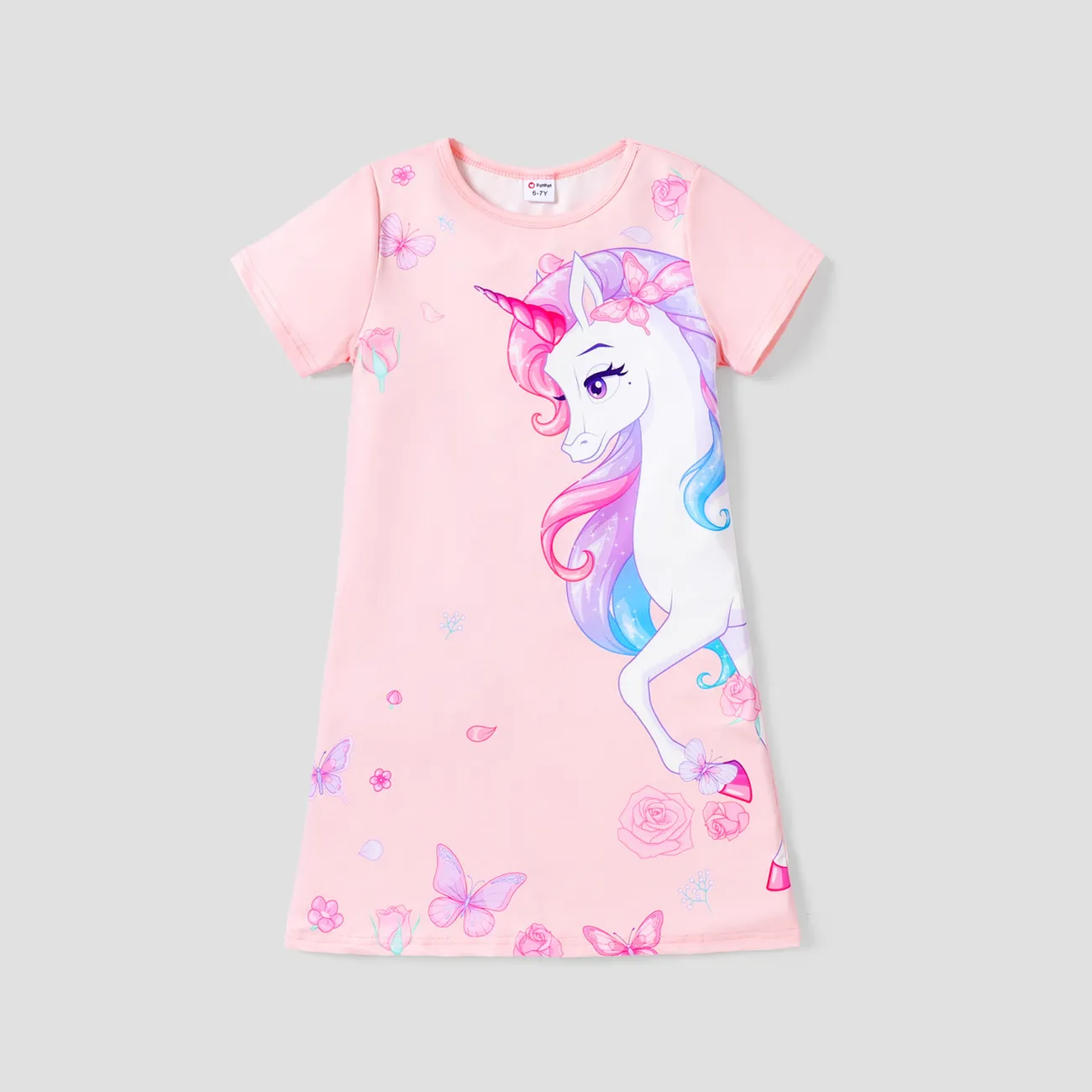 Kid Girl Unicorn Print Short-sleeve Light Pink Dress Light Pink big image 1